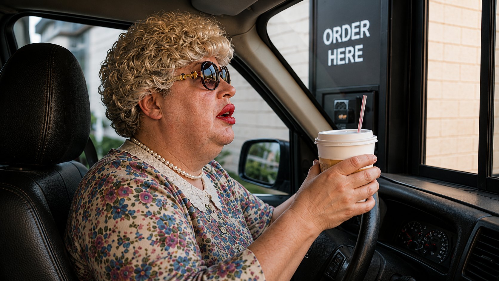 Granny at the drive-thru, coffee in hand